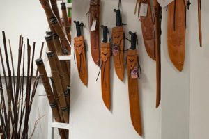 Tico gallery machetes with typical leather Costa Rican sheath in Atenas, Costa Rica